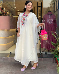 white chanderi dupatta set, embroidery dupatta set, wearline