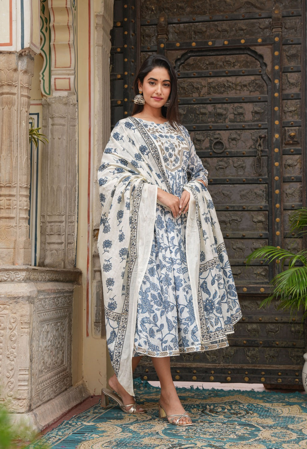 Blue dupatta set, gown and dupatta, mal cotton dupatta set, wearline