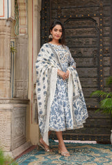 Blue dupatta set, gown and dupatta, mal cotton dupatta set, wearline