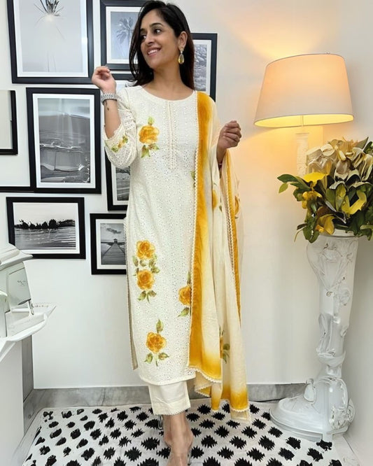 Elegant Yellow Floral Cotton Kurta Pant Set With Dupatta