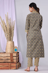 Women Grey and Yellow Cotton Straight Kurta