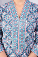 Women Blue and Pink Cotton Straight Kurta
