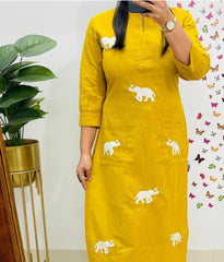 Majestic Elephant Print Yellow Kurta Set