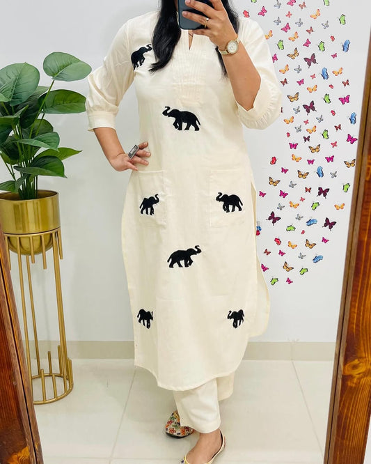 Majestic Elephant Print White  Kurta Set