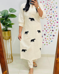 Majestic Elephant Print White  Kurta Set