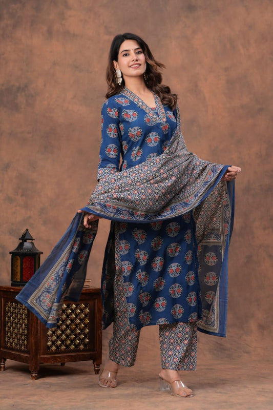 Blue Ajrakh Elegance Kurta Pant With Dupatta Set