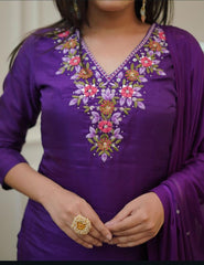 Sequence Embroidery Cotton Kurta Pant and Dupatta Set