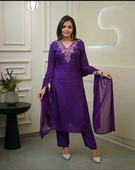 Sequence Embroidery Cotton Kurta Pant and Dupatta Set