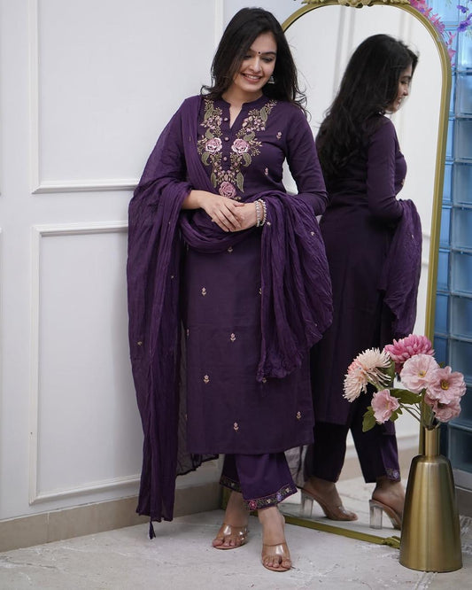 Purple Embroidered Kurta Pant and Dupatta Set