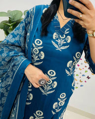 Soft Grace Blue Cotton Kurta Pant and Dupatta Set
