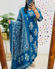 Soft Grace Blue Cotton Kurta Pant and Dupatta Set