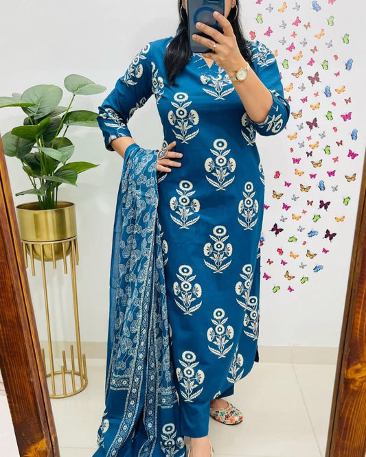 Soft Grace Blue Cotton Kurta Pant and Dupatta Set