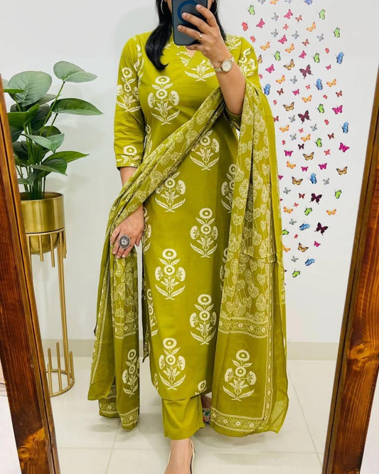 Soft Grace Green Cotton Kurta Pant and Dupatta Set
