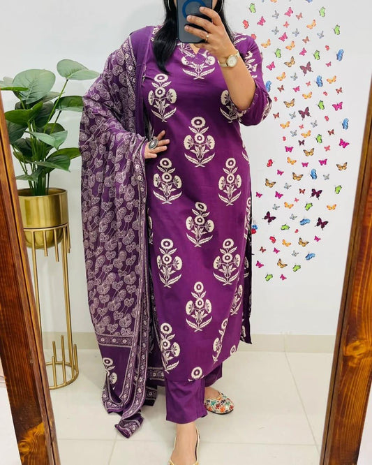 Soft Grace Purple Cotton Kurta Pant and Dupatta Set