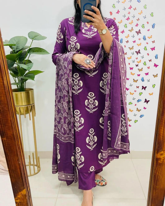Soft Grace Purple Cotton Kurta Pant and Dupatta Set