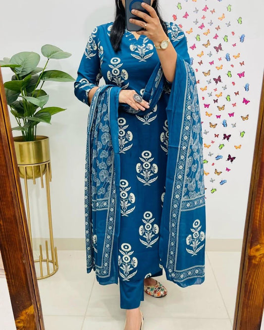 Soft Grace Blue Cotton Kurta Pant and Dupatta Set