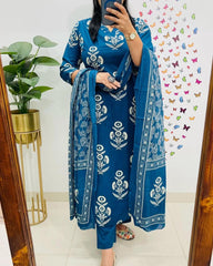 Soft Grace Blue Cotton Kurta Pant and Dupatta Set