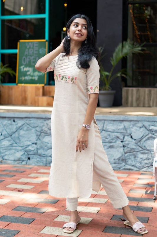 Ivory Blossom Embroidered White Kurta Set