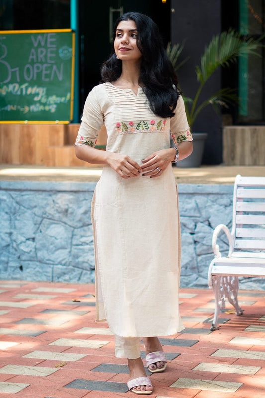 Ivory Blossom Embroidered White Kurta Set
