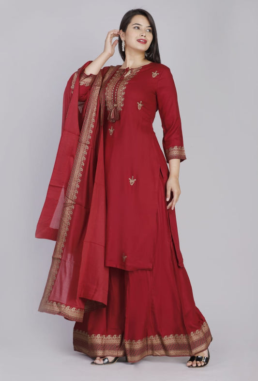 RED RAYON KURTI PLAZZO WITH PREMIUM COTTON DUPATTA
