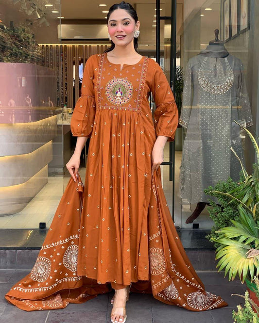Gulnaar Mor: Orange Anarkali Set with Peacock Embroidery & Gota Detailing