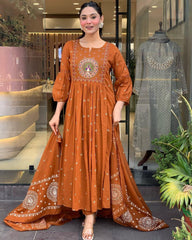 Gulnaar Mor: Orange Anarkali Set with Peacock Embroidery & Gota Detailing