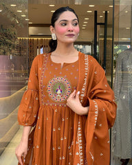 Gulnaar Mor: Orange Anarkali Set with Peacock Embroidery & Gota Detailing