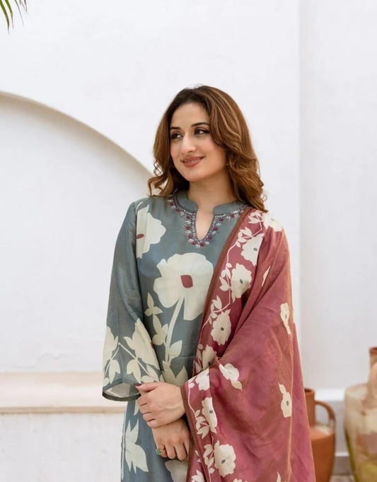 Blue Floral Kurta & Pant Set with Dupatta