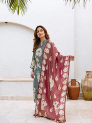 Blue Floral Kurta & Pant Set with Dupatta