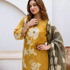 Mustard Floral Kurta & Pant Set with Dupatta