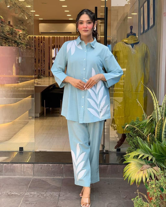 Pastel Leaf Embroidered Co-ord Set