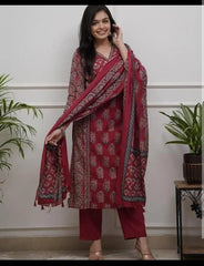 Red Buta Cotton Kurta and Pant Set With Dupatta