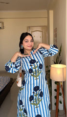 Blue Poppy Cotton Kurta Pant Set