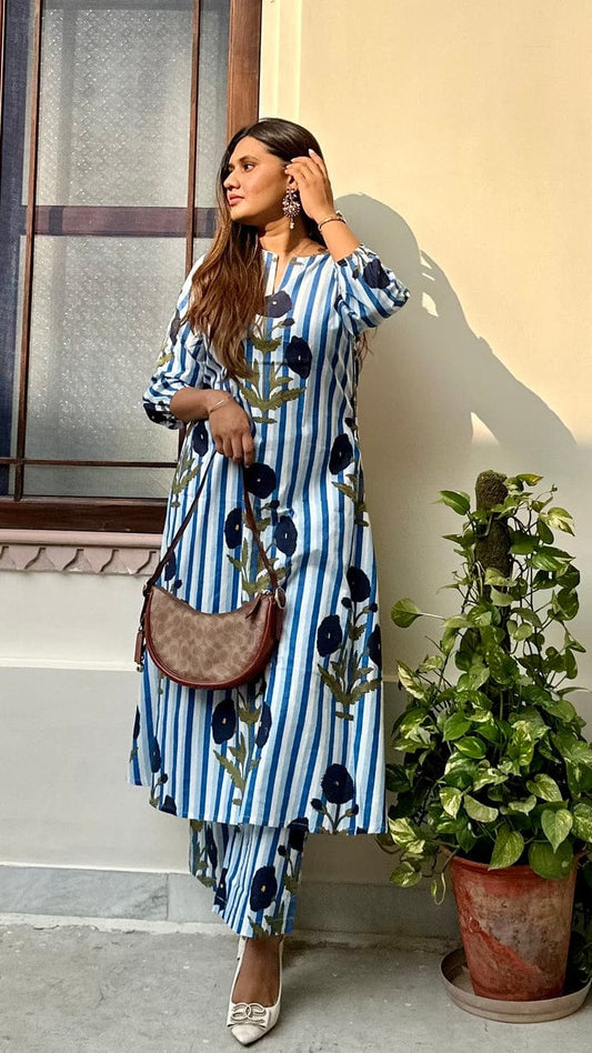 Blue Poppy Cotton Kurta Pant Set