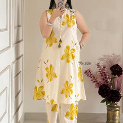 Yellow Floral Sleeveless Kurta Set