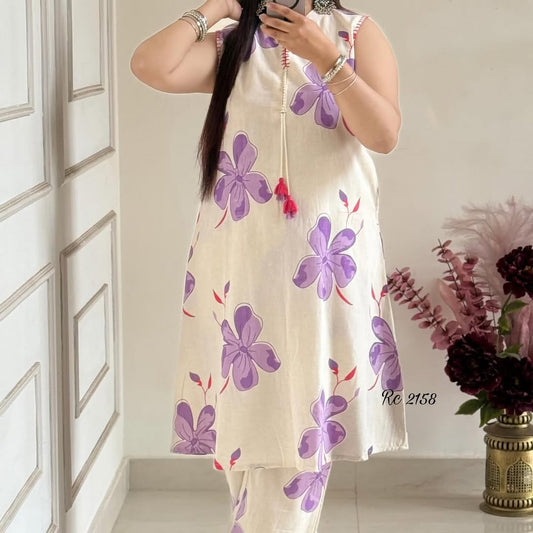 Purple Floral Sleeveless Kurta Set