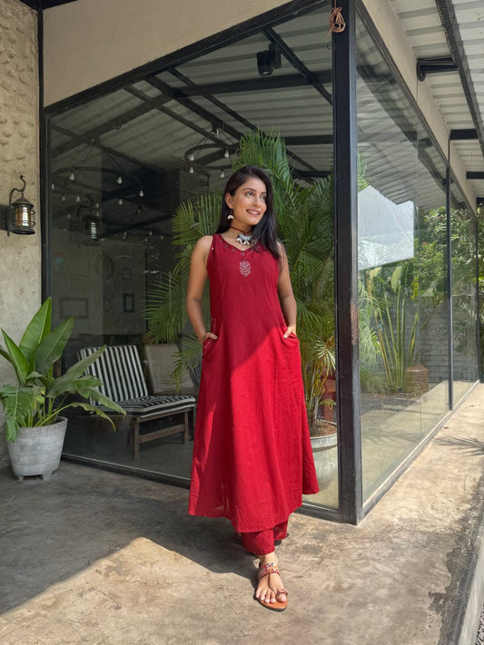 Red Cotton Kurta Set