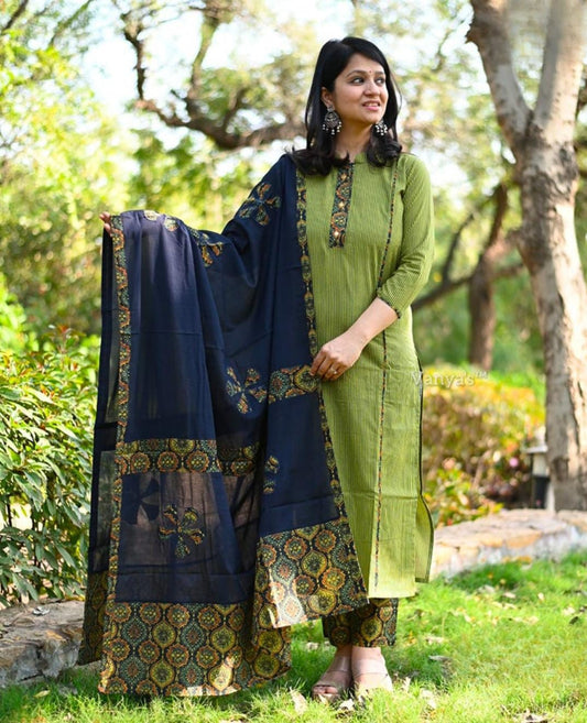 Cotton Ajrak Suit Set with Applique Dupatta