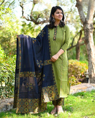 Cotton Ajrak Suit Set with Applique Dupatta