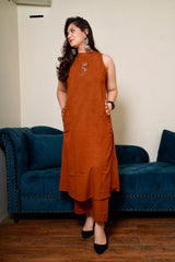 Rust Cotton A-Line Kurta and Pant Set