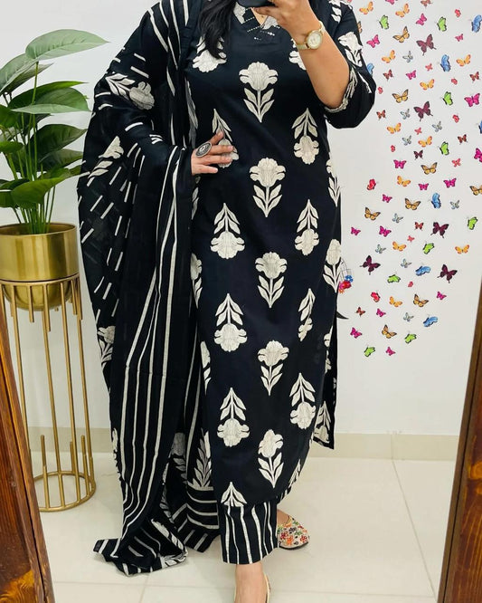 Soft Grace  Black Cotton Kurta Pant and Dupatta Set