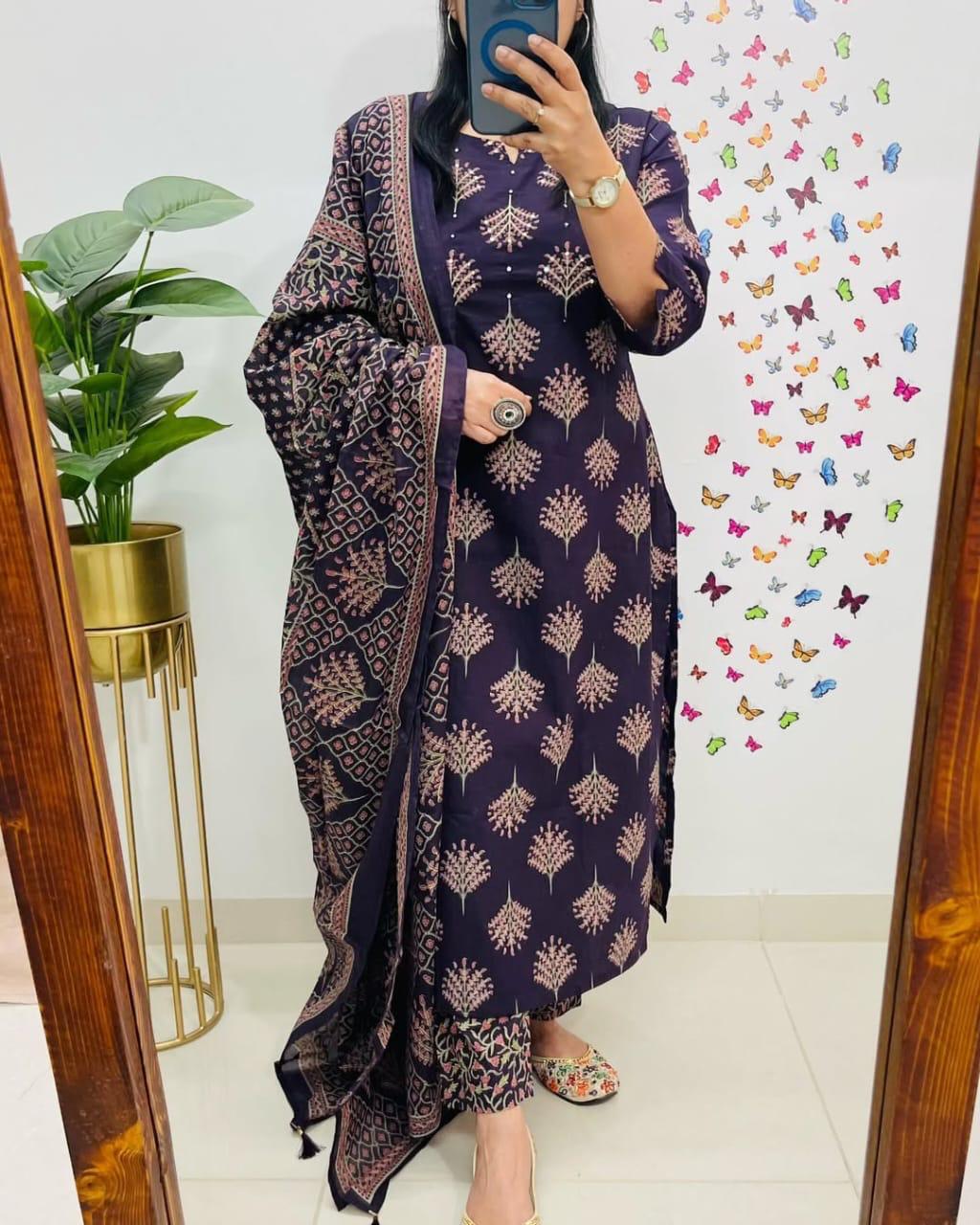 Soft Grace Purple Cotton Kurta Pant and Dupatta Set