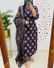 Soft Grace Purple Cotton Kurta Pant and Dupatta Set