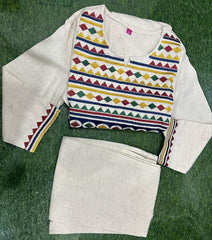 Ethnic Cotton Anarkali Kurta Set With Embroidered Yoke, White 3/4 Sleeves