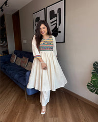 Ethnic Cotton Anarkali Kurta Set With Embroidered Yoke, White 3/4 Sleeves