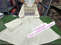 Ethnic Cotton Anarkali Kurta Set With Embroidered Yoke, White 3/4 Sleeves