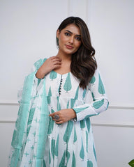 Ethnic Green Cotton  Kurta Set With Dupatta