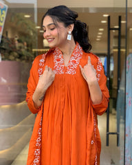 Embroidery orange  Kurta Pant and Dupatta Set