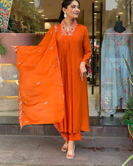 Embroidery orange  Kurta Pant and Dupatta Set