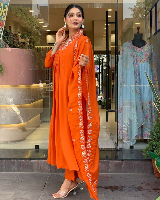 Embroidery orange  Kurta Pant and Dupatta Set